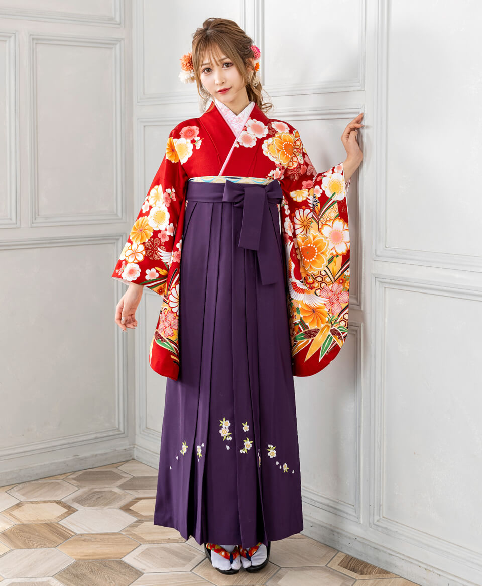 着物「アカ桜にツル」と袴「ムラサキシシュウ」