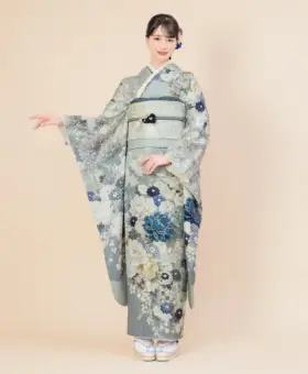 トールサイズ】振袖 牡丹花文 暈し染め 青緑系 正絹 袷 成人式 裄67cm 