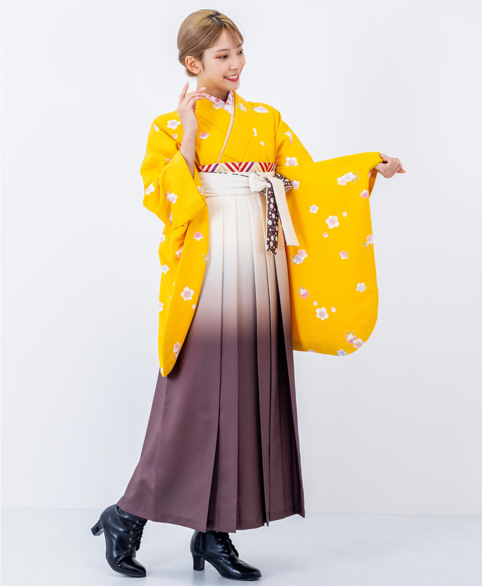 【卒業式袴レンタル】古典かわいい華やか(オシャレ)　黄色/クリーム/茶色　B00015_CCB928