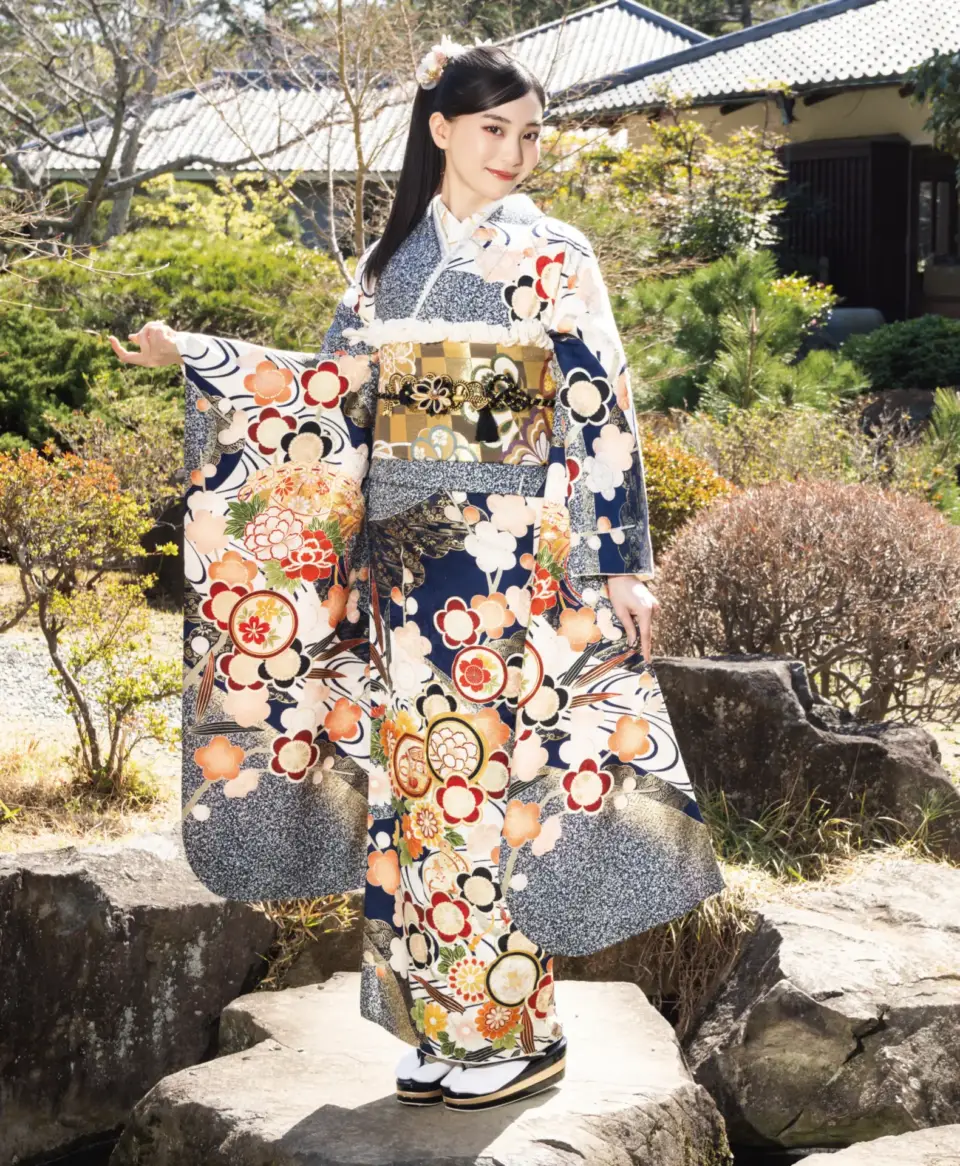 成人式振袖レンタル FS5017_紺青地流水に桜