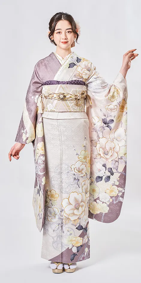 成人式振袖レンタル FS5021_チャコールグレーに椿と桜