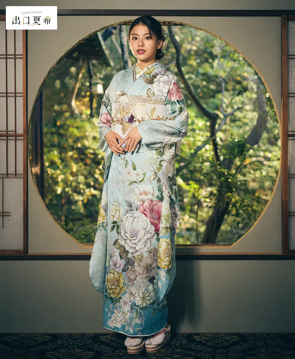 成人式振袖レンタル　薄水色地濃ピンク牡丹に洋花［FR5045］