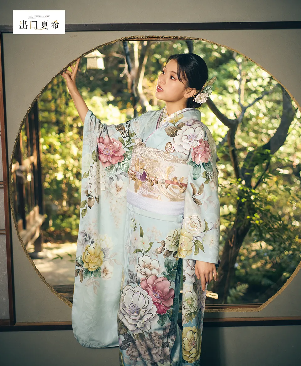 成人式振袖レンタル　薄水色地濃ピンク牡丹に洋花［FR5045］