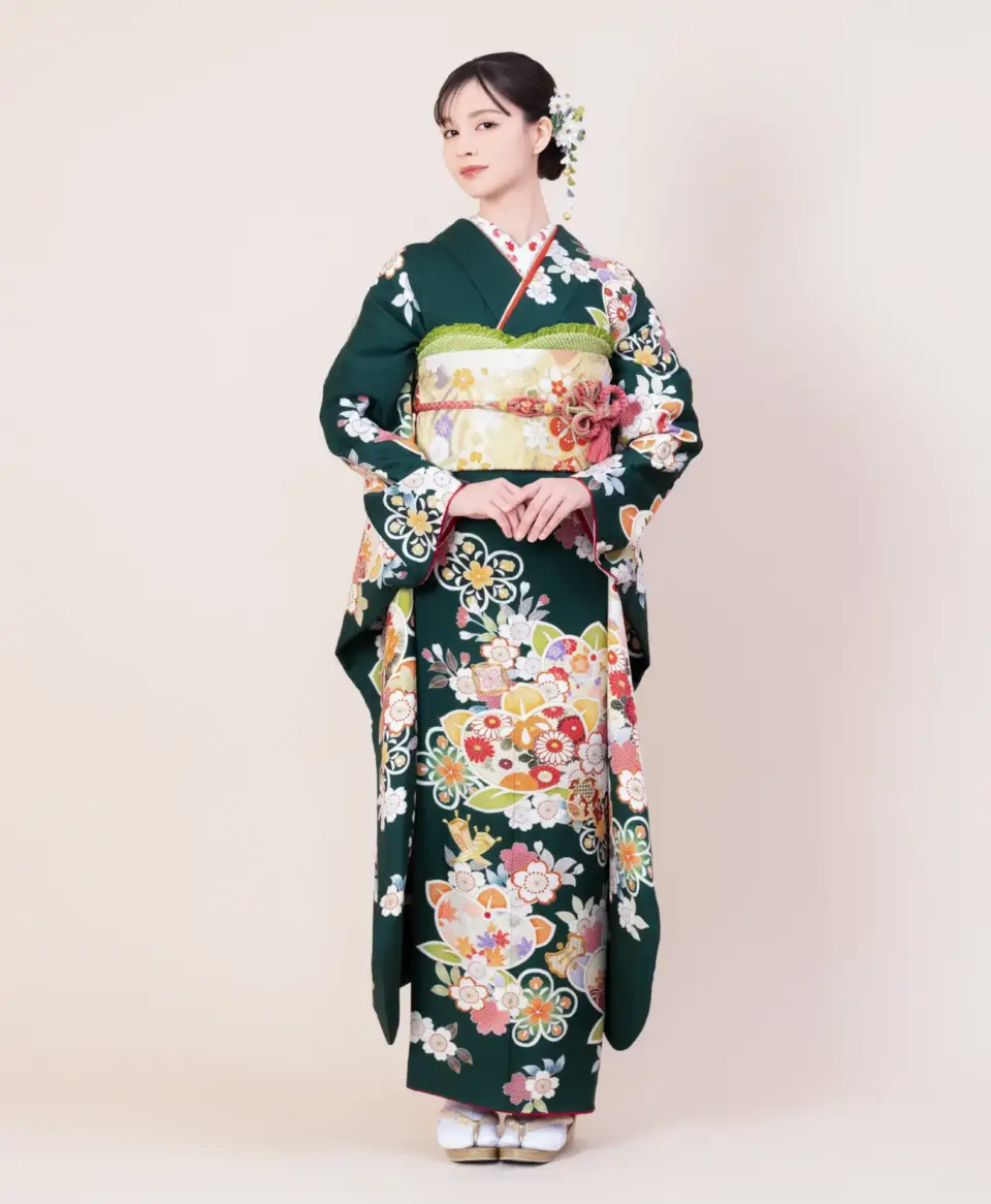 成人式振袖深緑桜と橘[FS0780]