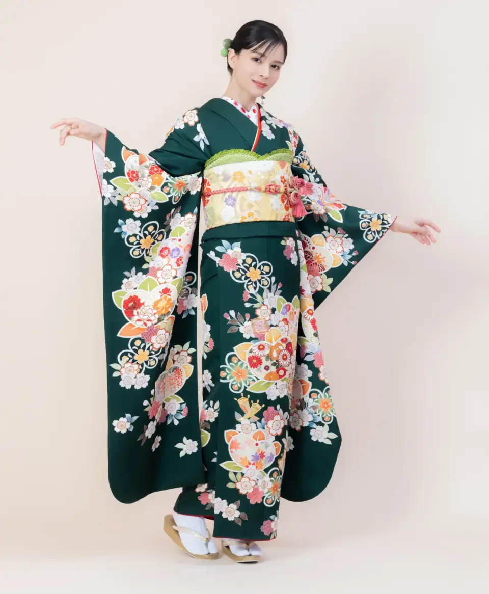 成人式振袖深緑桜と橘[FS0780]