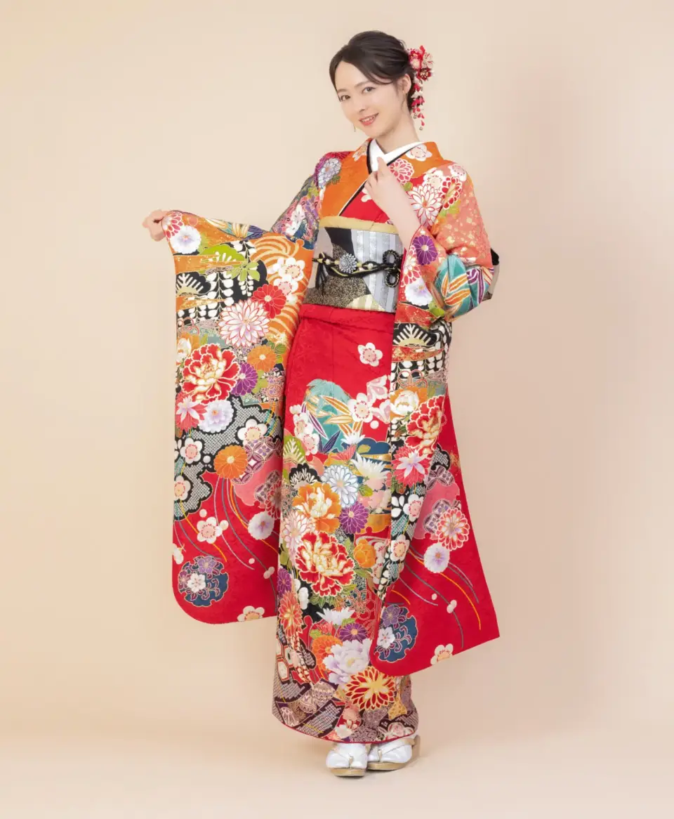 成人式振袖赤地にオレンジぼたん菊[FS0896]
