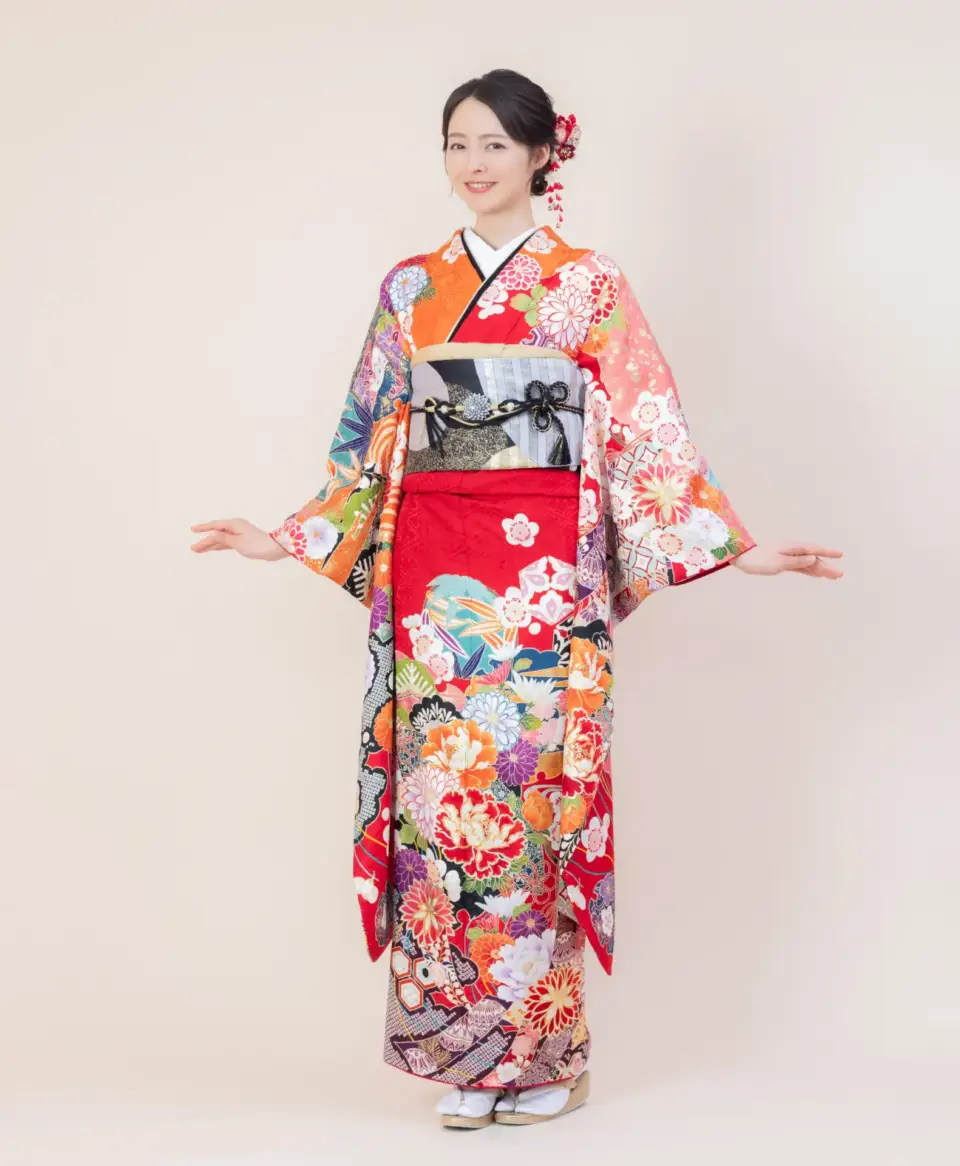 成人式振袖赤地にオレンジぼたん菊[FS0896]