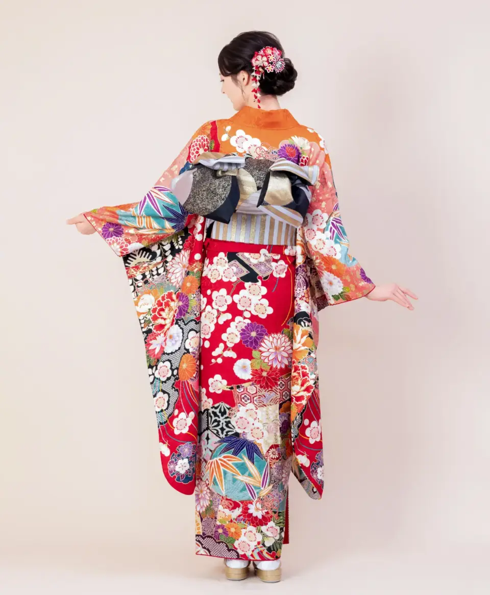 成人式振袖赤地にオレンジぼたん菊[FS0896]
