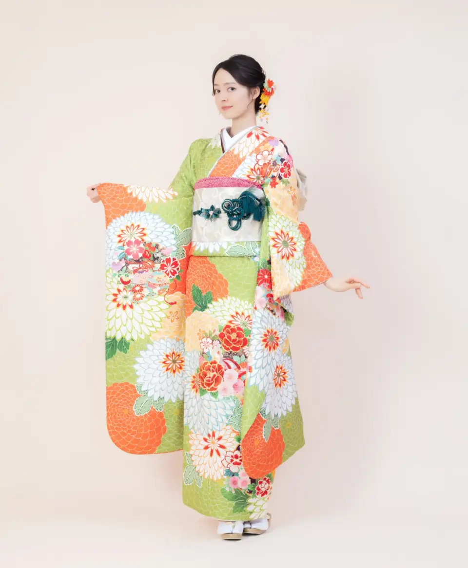 成人式振袖グリーン地に大菊[FS0783]