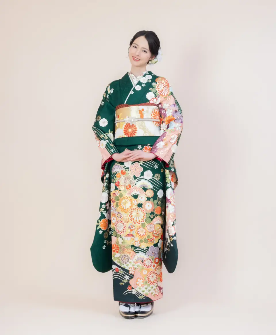 成人式振袖グリーン菊に松桜[FS0895]