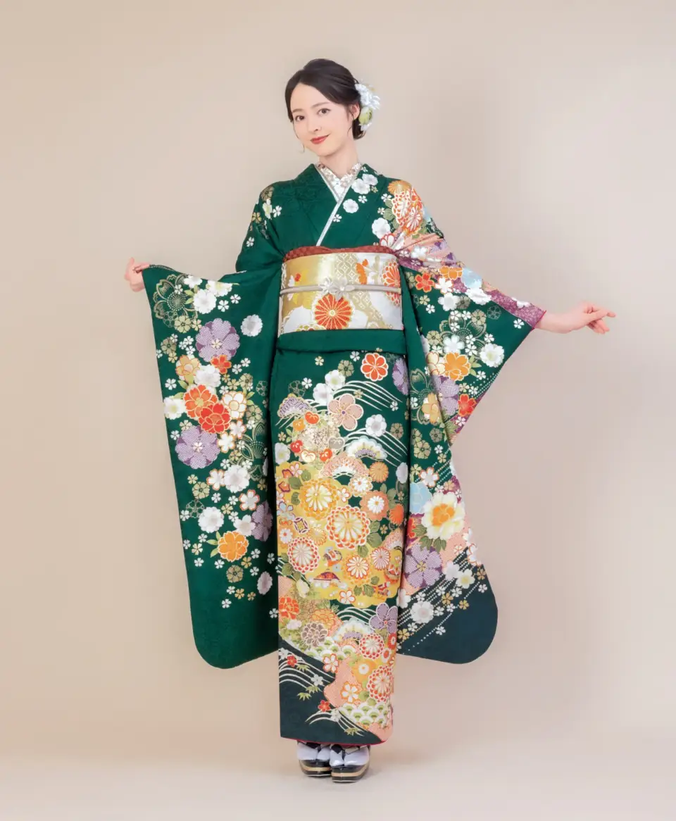 成人式振袖グリーン菊に松桜[FS0895]