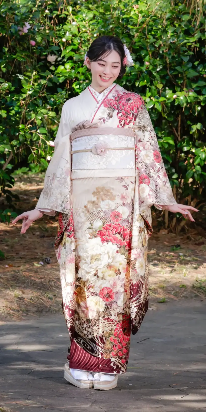 淡ピンク地紅菊牡丹と白桜流水[FS5011]
