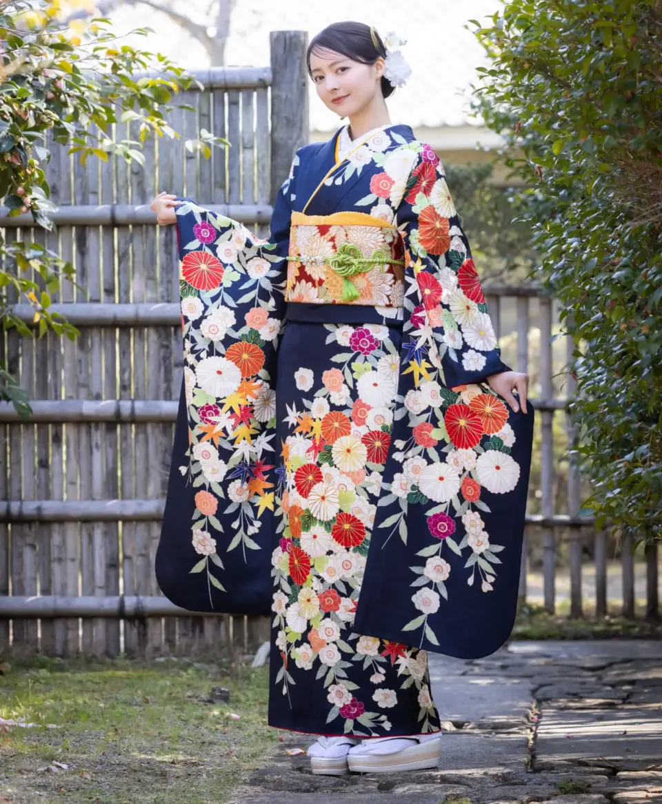 成人式振袖紺地菊に枝垂れ桜[FS0960]