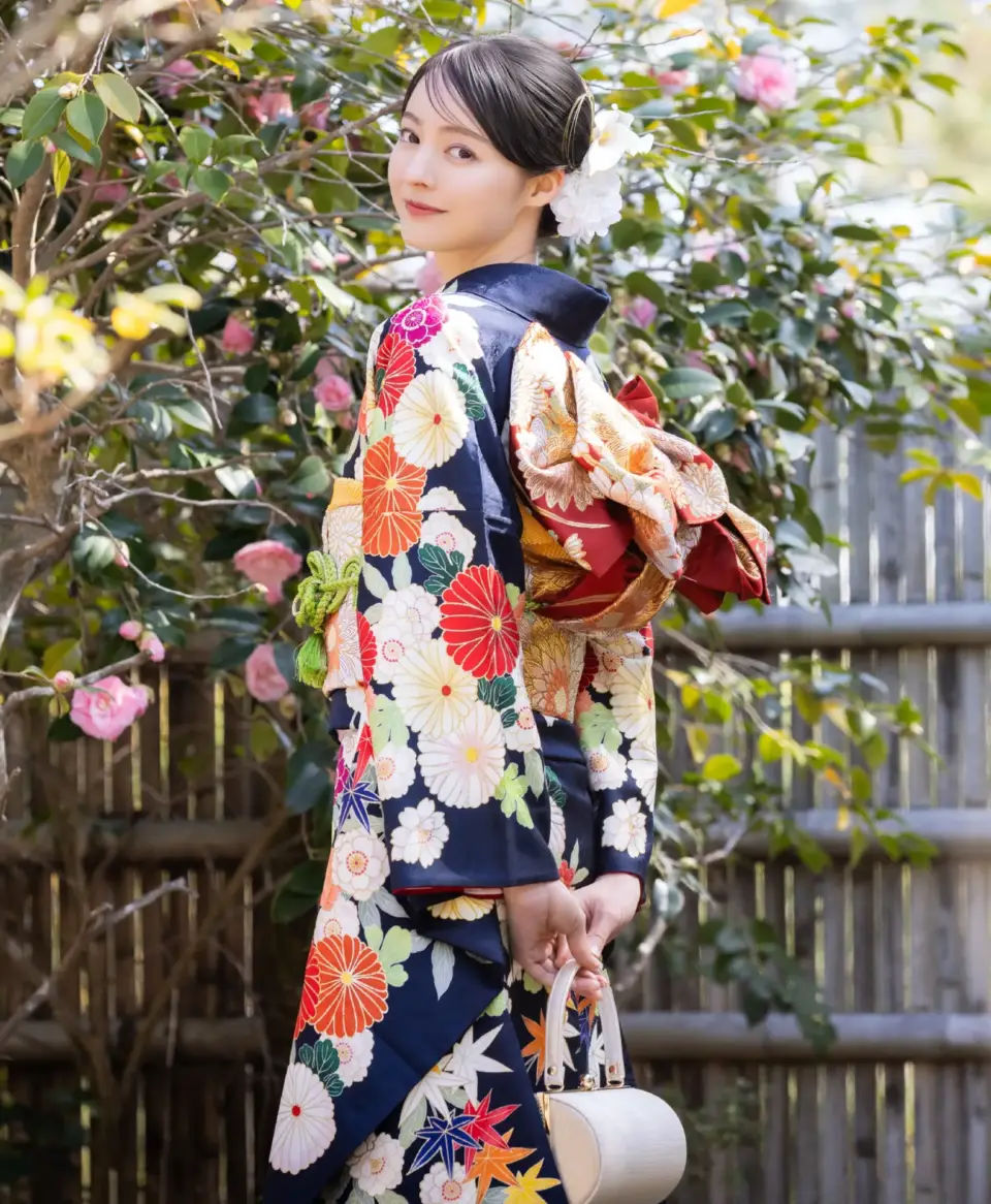 成人式振袖紺地菊に枝垂れ桜[FS0960]